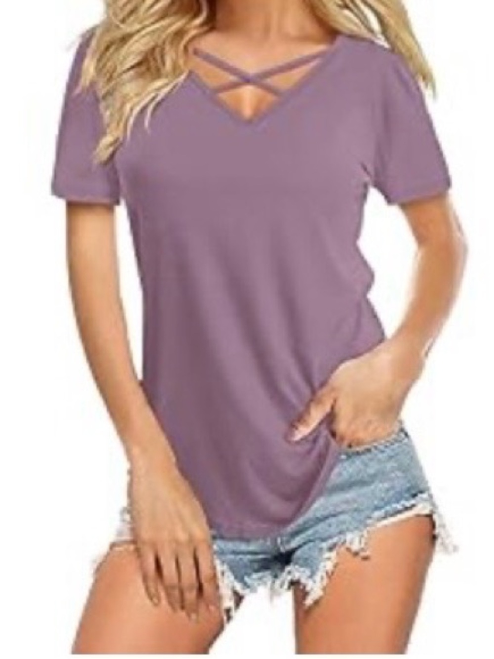 Amazon Women’s Short Sleeve Crisscross Purple V-Neck Tee